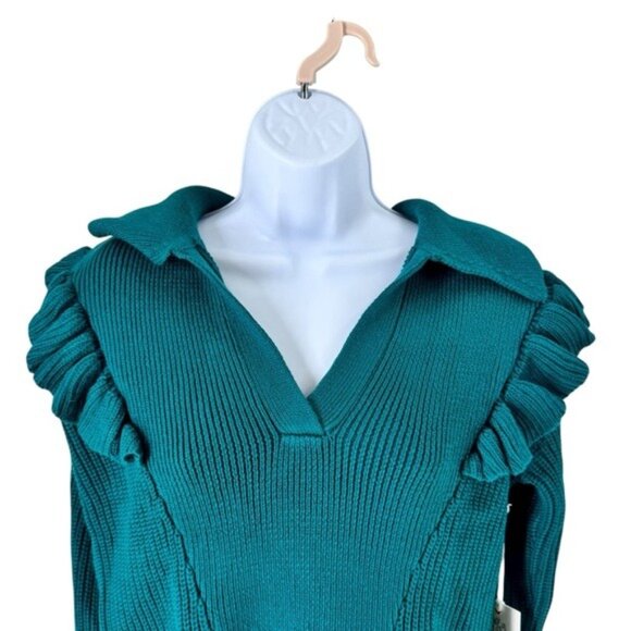 Tuckernuck NEW Hyacinth House Teal Ruffle Casey Collared V-Neck Sweater Size M - Picture 3 of 8